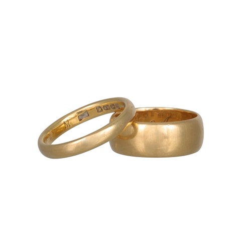 531 - TWO 18CT YELLOW GOLD BAND RINGS, size N & K – L, gross weight 11 g.