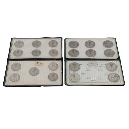 537 - TWO COMPLETE SETS OF 1928 - 1942 IRISH SILVER COINS, 2/- and 2/6, FG AND EF