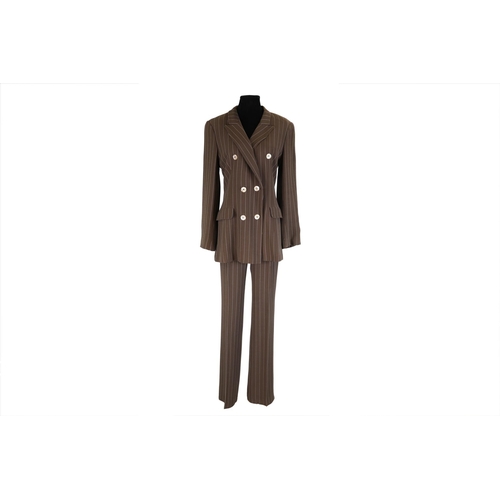 566 - A LADY'S SPORTMAX BROWN PINSTRIPE TROUSER SUIT, mother-of-pearl buttons