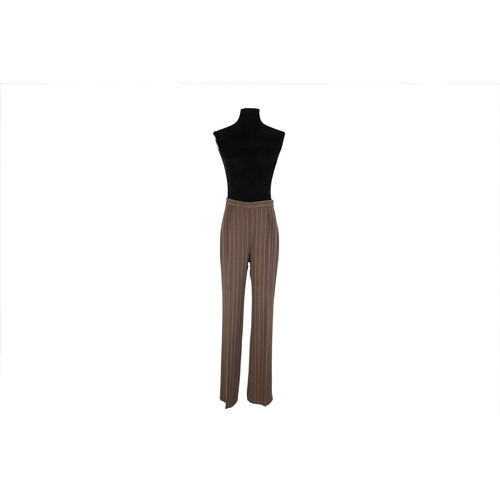 566 - A LADY'S SPORTMAX BROWN PINSTRIPE TROUSER SUIT, mother-of-pearl buttons