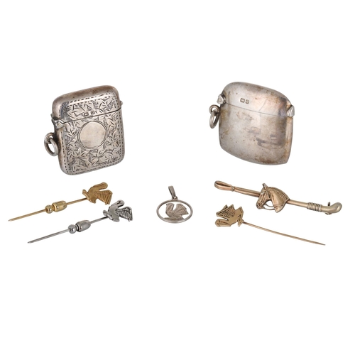 57 - A COLLECTION COMPRISING; two silver vesta cases, 3 gold pins, brooches, 9 sliver pins and a pendant