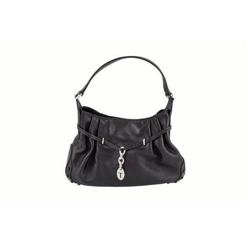 570 - A TOD'S BLACK LEATHER SHOULDER BAG, with white metal hardware, together with dust cover