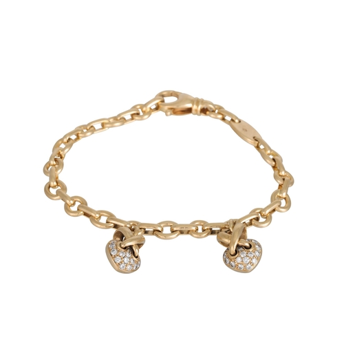 6 - AN 18CT GOLD CHAUMET BRACELET, with two matching diamond set Chaumet heart pendants attached, 27.4 g... 