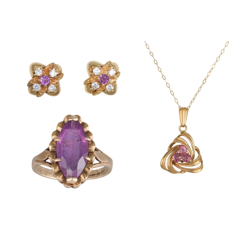 64 - A MIXED LOT: Consisting of a gold and pink sapphire pendant and chain, a 9ct gold and amethyst ring ... 