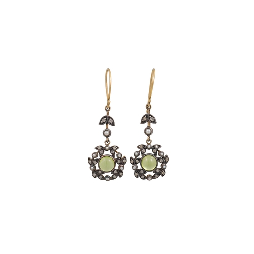 69 - A PAIR OF PERIDOT AND PEARL DROP CLUSTER EARRINGS, mounted in gold