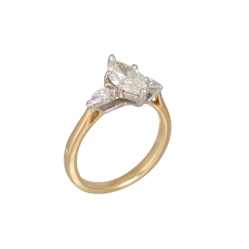 75 - A DIAMOND SOLITAIRE RING, the marquise cut diamond to diamond shoulders, mounted in yellow gold.Toge... 