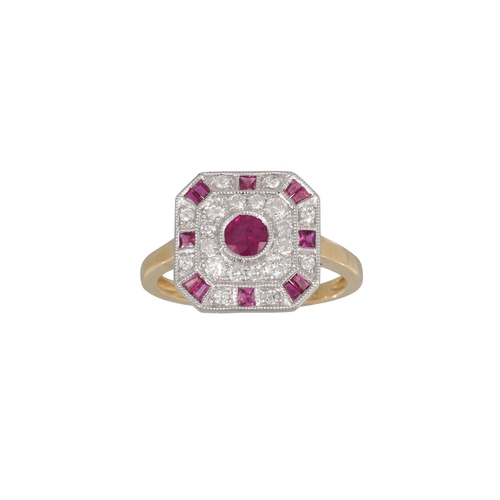 77 - A DIAMOND AND RUBY CLUSTER RING, of square plaque form, the centre circular ruby to a diamond and ru... 