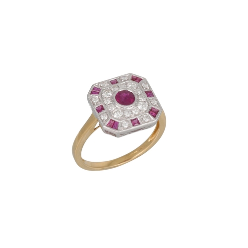 77 - A DIAMOND AND RUBY CLUSTER RING, of square plaque form, the centre circular ruby to a diamond and ru... 