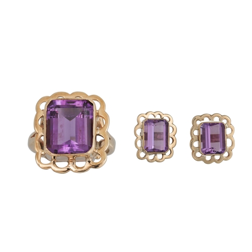 78 - A PAIR OF AMETHYST EARRINGS, the rectangular amethysts to gold surround, together with a matching ri... 