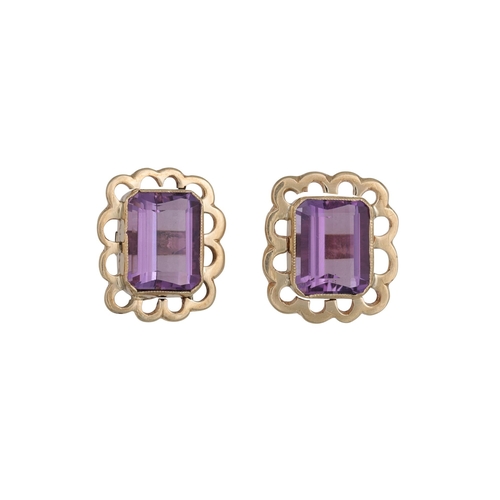 78 - A PAIR OF AMETHYST EARRINGS, the rectangular amethysts to gold surround, together with a matching ri... 