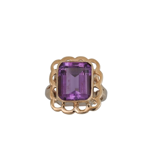 78 - A PAIR OF AMETHYST EARRINGS, the rectangular amethysts to gold surround, together with a matching ri... 