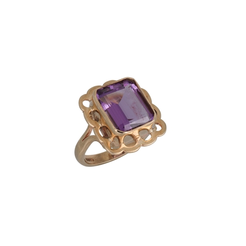 78 - A PAIR OF AMETHYST EARRINGS, the rectangular amethysts to gold surround, together with a matching ri... 