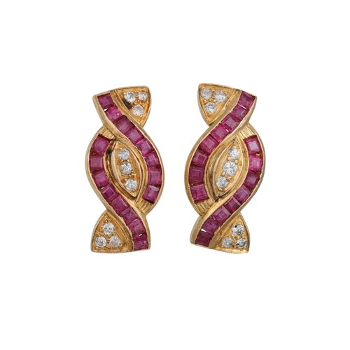 80 - A PAIR OF DIAMOND AND RUBY CLUSTER EARRINGS, bow shaped, mounted in 18ct yellow gold