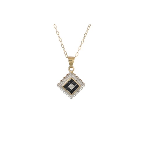 81 - A SAPPHIRE AND DIAMOND PENDANT, square form, mounted in 9ct gold, on a chain