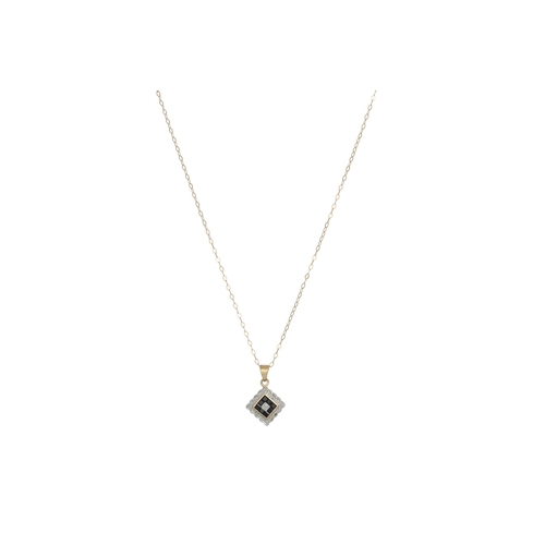 81 - A SAPPHIRE AND DIAMOND PENDANT, square form, mounted in 9ct gold, on a chain