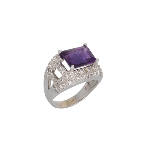 83 - A DIAMOND AND AMETHYST RING, the rectangular amethyst to pave diamond shoulders and surround, mounte... 