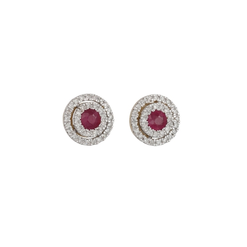 85 - A PAIR OF DIAMOND AND RUBY TARGET CLUSTER EARRINGS, the centre ruby to two rowed diamond surrounds, ... 