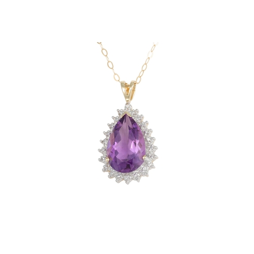 88 - AN AMETHYST AND DIAMOND PENDANT, the large pear shaped amethyst to diamond surround, mounted in 9ct ... 