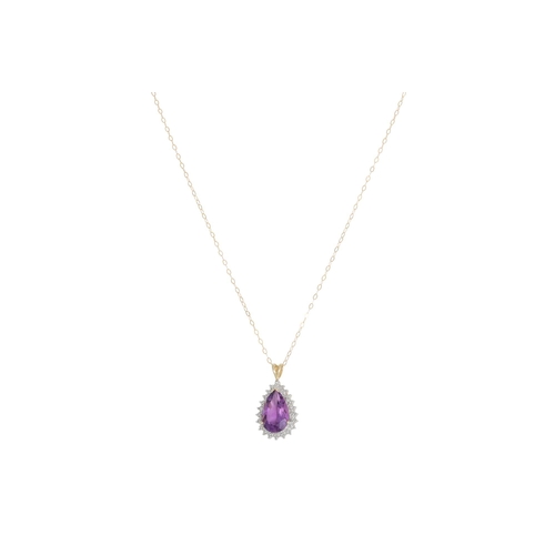 88 - AN AMETHYST AND DIAMOND PENDANT, the large pear shaped amethyst to diamond surround, mounted in 9ct ... 