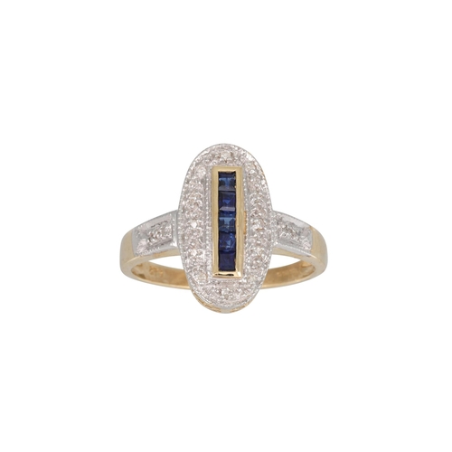 98 - A DIAMOND AND SAPPHIRE CLUSTER RING, of oval form, mounted in 9ct yellow gold, size N – O