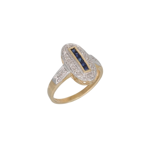 98 - A DIAMOND AND SAPPHIRE CLUSTER RING, of oval form, mounted in 9ct yellow gold, size N – O