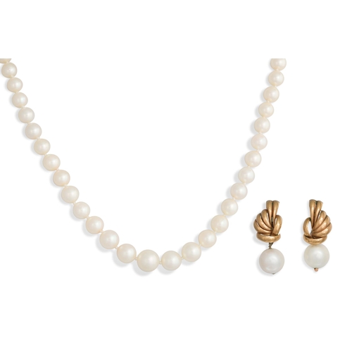 308 - A GRADUATED PEARL NECKLACE, with a gold clasp. Together with a pair of pearl earrings mounted in 9ct... 