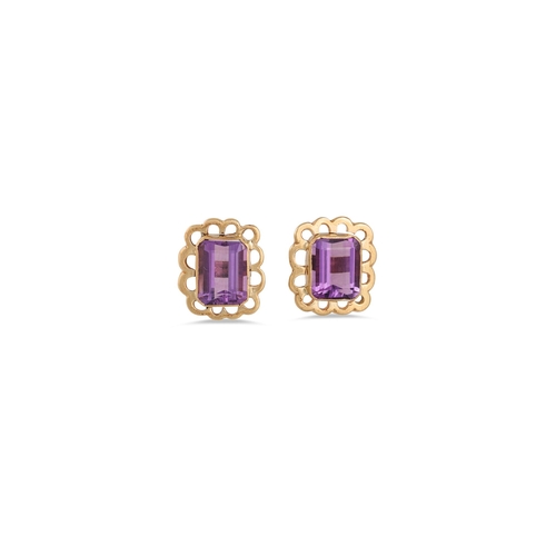 64 - A PAIR OF AMETHYST EARRINGS, the rectangular cut amethyst to gold mount, to match previous lot