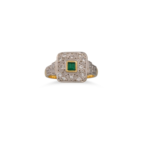 65 - A DIAMOND AND EMERALD CLUSTER RING, of square form, mounted in 18ct yellow gold, size M