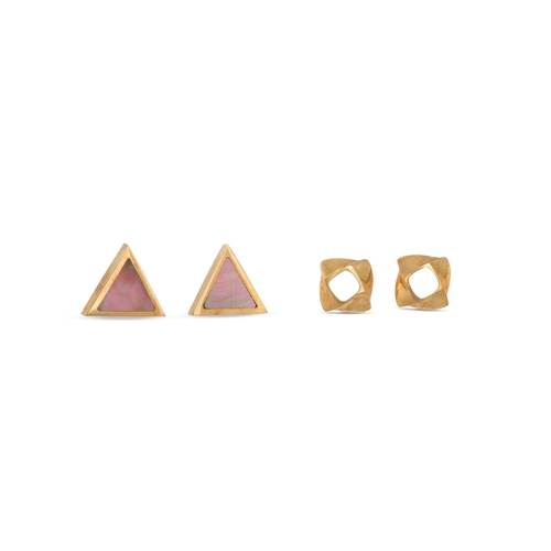 69 - TWO PAIRS OF MOTHER OF PEARL EARRINGS, mounted in gold