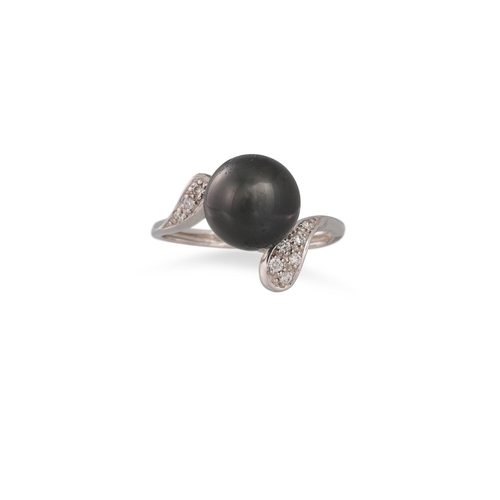 76 - A DIAMOND AND PEARL RING, the large black pearl set in a white gold mount, to diamond cross over sho... 