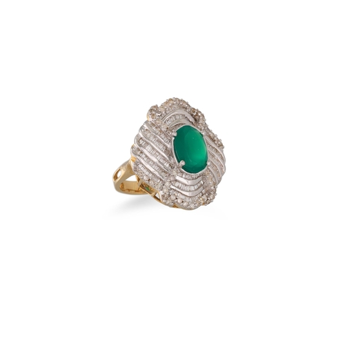 85 - A DIAMOND AND GREEN QUARTZ CLUSTER RING, the oval stone to round and baguette diamond surround and s... 