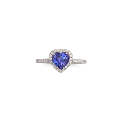 126 - A DIAMOND AND TANZANITE RING, the heart shaped tanzanite to diamond shoulders and surround, mounted ... 