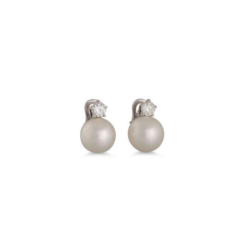 129 - A PAIR OF PEARL AND DIAMOND EARRINGS, the south sea pearls to brilliant cut diamonds, mounted in 18c... 