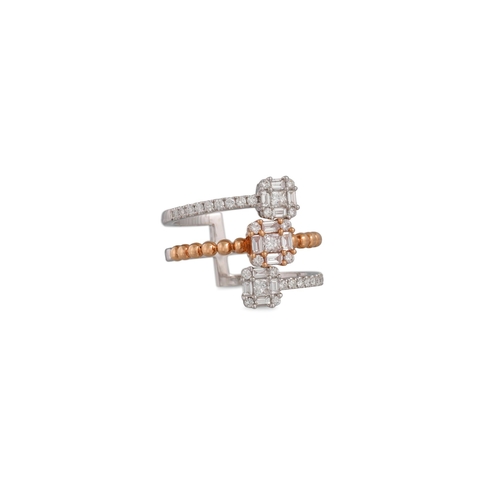 131 - A DIAMOND CLUSTER RING, of cross over form, mounted in 18ct white gold. Estimated: weight of diamond... 