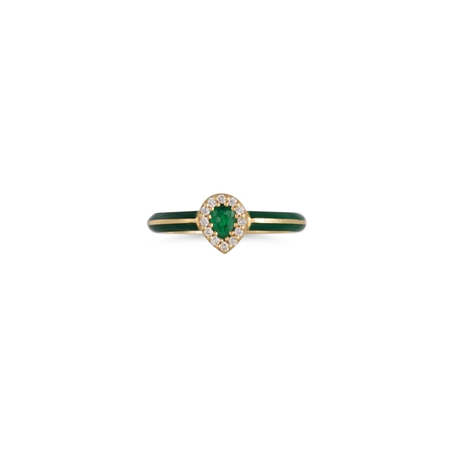 132 - AN EMERALD AND DIAMOND CLUSTER RING, to an enamel and 18ct gold mount, size L - M