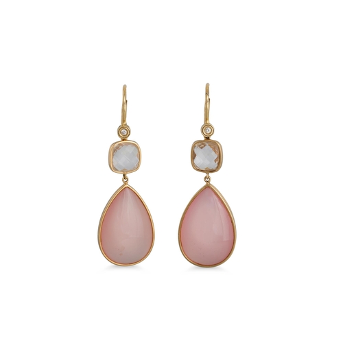 133 - A PAIR OF VINTAGE ROSE QUARTZ DROP EARRINGS, mounted in 14ct gold