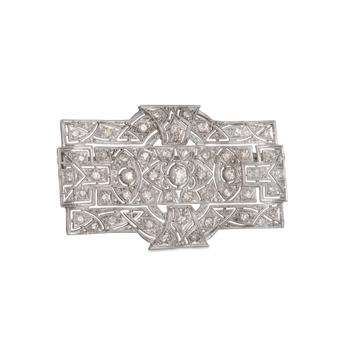 135 - AN ART DECO STYLE DIAMOND PLAQUE BROOCH, geometric design, set with old cut diamonds, mounted in pla... 