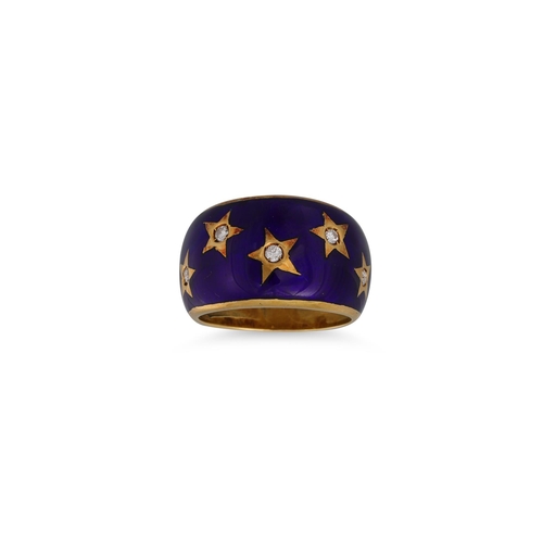 139 - A VINTAGE BLUE ENAMEL RING, the inset diamonds within star motifs, mounted in 18ct yellow, size H – ... 