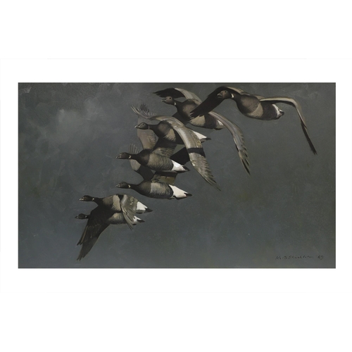 277 - KEITH SHACKLETON (1923 - 2015), 'Brent Geese in Flight', oil on board, signed and dated '69, 60cm x ... 