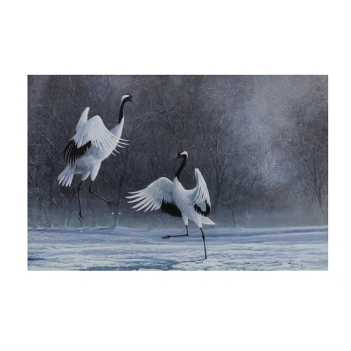 281 - JEREMY PAUL (ENGLISH b.1954), 'Cranes in the snow', signed, acrylic on board, 37cm x 56cm