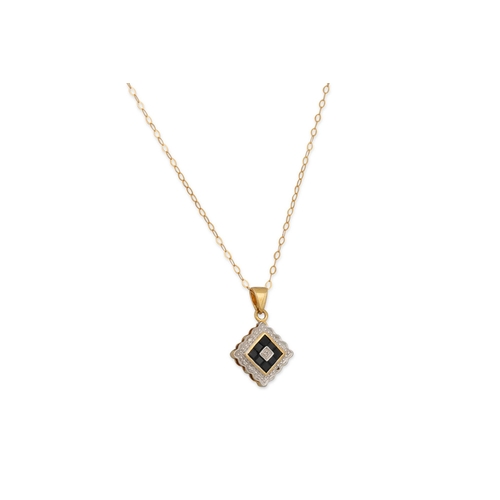 103 - A DIAMOND AND SAPPHIRE CLUSTER PENDANT, in square from, mounted in 9ct gold, on a chain