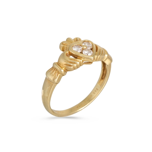 122 - A 14CT GOLD CLADDAGH RING, set with three brilliant cut diamonds, size L - M, 2.6 g.