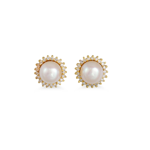 127 - A PAIR OF CULTURED PEARL EARRINGS, with diamond surrounds