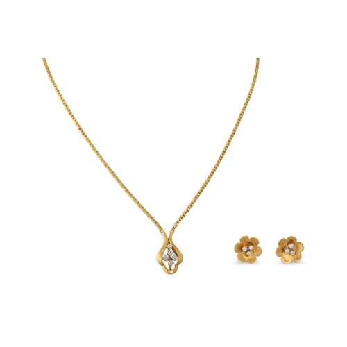 13 - A DIAMOND SET PENDANT, mounted in gold, to a back chain, together wiht a pair of earrings, 11 g