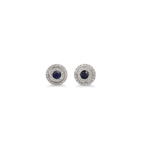 22 - A PAIR OF DIAMOND AND SAPPHIRE TARGET EARRINGS, the circular sapphires to diamond surrounds, mounted... 