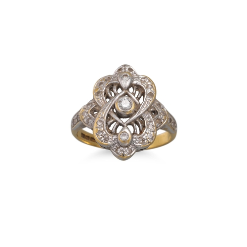 242 - A SHAPED DIAMOND CLUSTER RING, mounted in 18ct yellow gold, of openwork design, size H - I