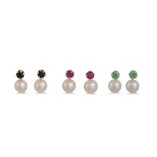 25 - THREE PAIRS OF CULTURED PEARL & GEM SET EARRINGS, mounted in gold, one ruby, one sapphire & one emer... 