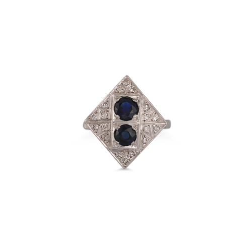 26 - A DIAMOND AND SAPPHIRE ART DECO STYLE RING, lozenge shaped, mounted in platinum, size L