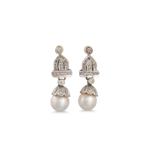 28 - A PAIR OF DIAMOND AND PEARL DROP EARRINGS, the diamond set shaped panels suspending pearls, mounted ... 