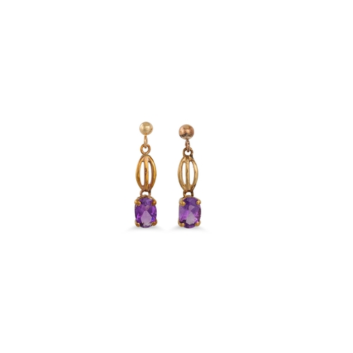 30 - A PAIR OF AMETHYST DROP EARRINGS, mounted in 9ct gold